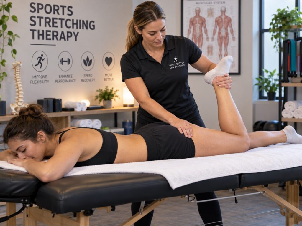 Massage therapist performing assisted sports stretching therapy on a client's leg at Intervention Massage in Orlando